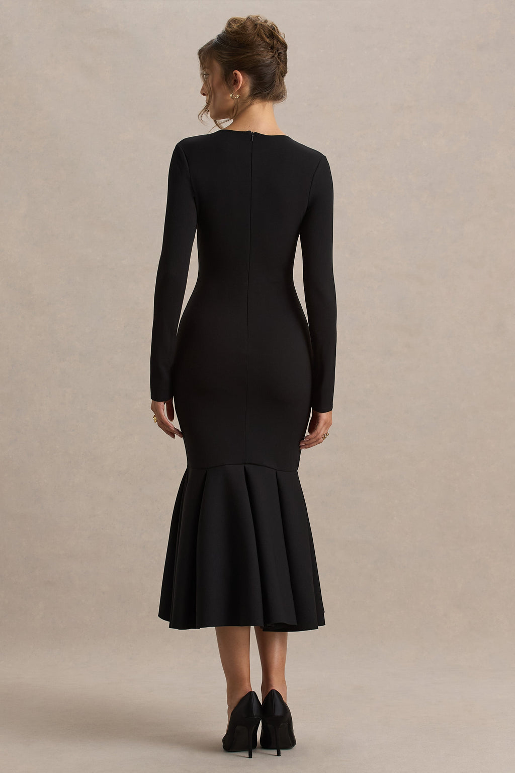 Liberty | Black High Neck Mermaid Midi Dress With Ruffling Detail