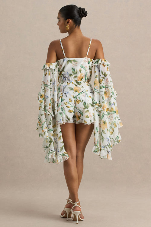 Anaya | Lemon Floral Print Chiffon Playsuit With Long Sleeves